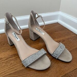 Nina New York Rhinestone Block Heel Sandals Beige Suede Ankle Strap Women's 9.5M